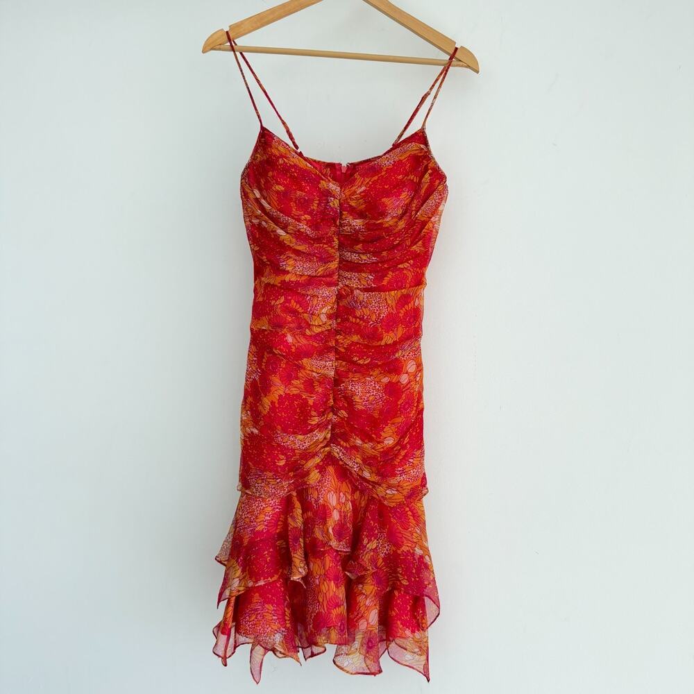 Muse Red and Orange Slip Midi Dress with Ruffle Hem
